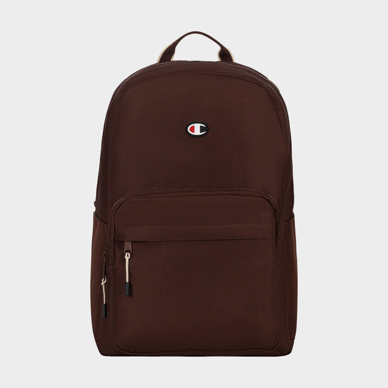 The Champion Level Backpack in brown features two zippered compartments, a top handle, and the signature Champion logo on the front. Perfect for everyday use, it includes a padded laptop sleeve and is displayed against a plain white background.
