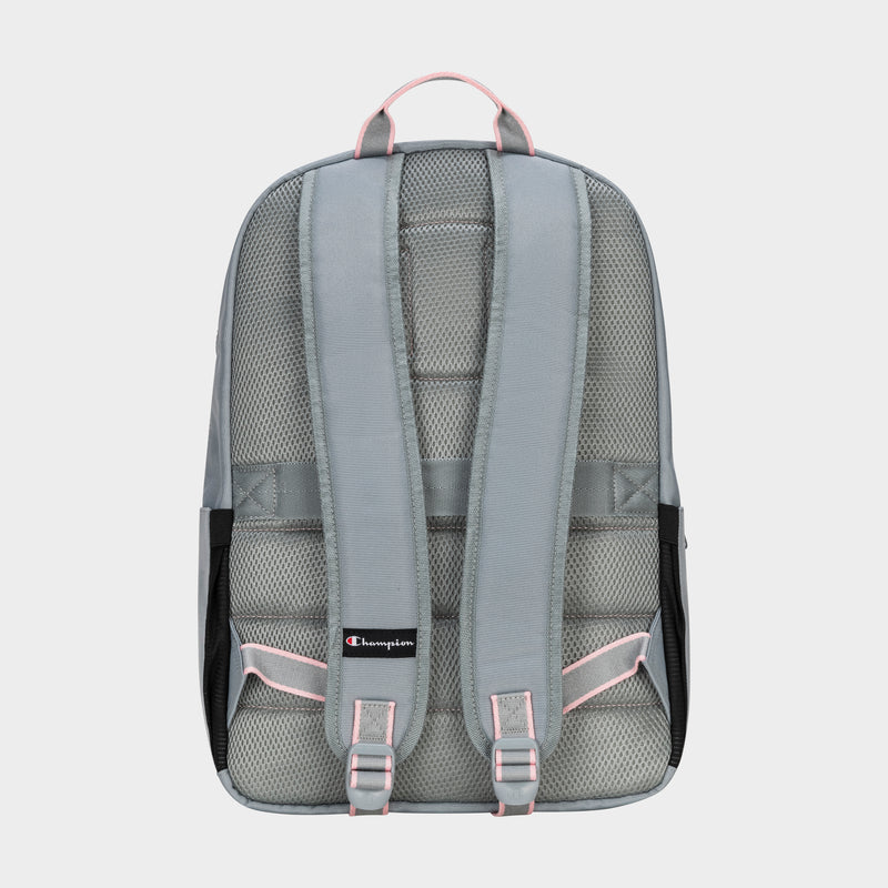 The Champion Steady Backpack is shown from the back, highlighting its gray color, padded shoulder straps, mesh back panel, and a small Champion logo near the bottom of one strap.