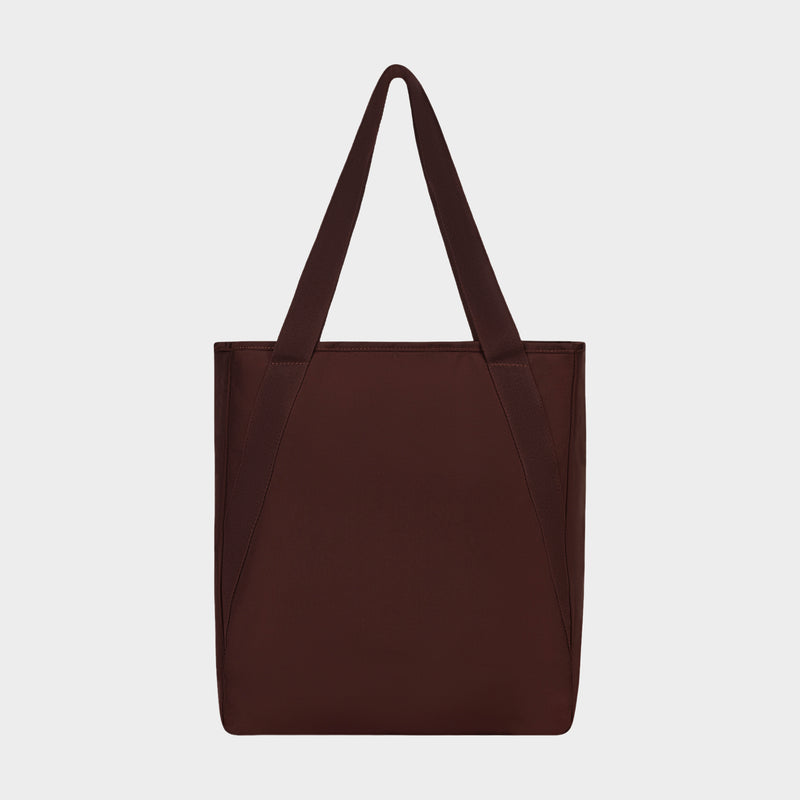 A durable nylon Champion Lottie Tote in plain dark brown, featuring two handles and displayed against a white background—an everyday essential.