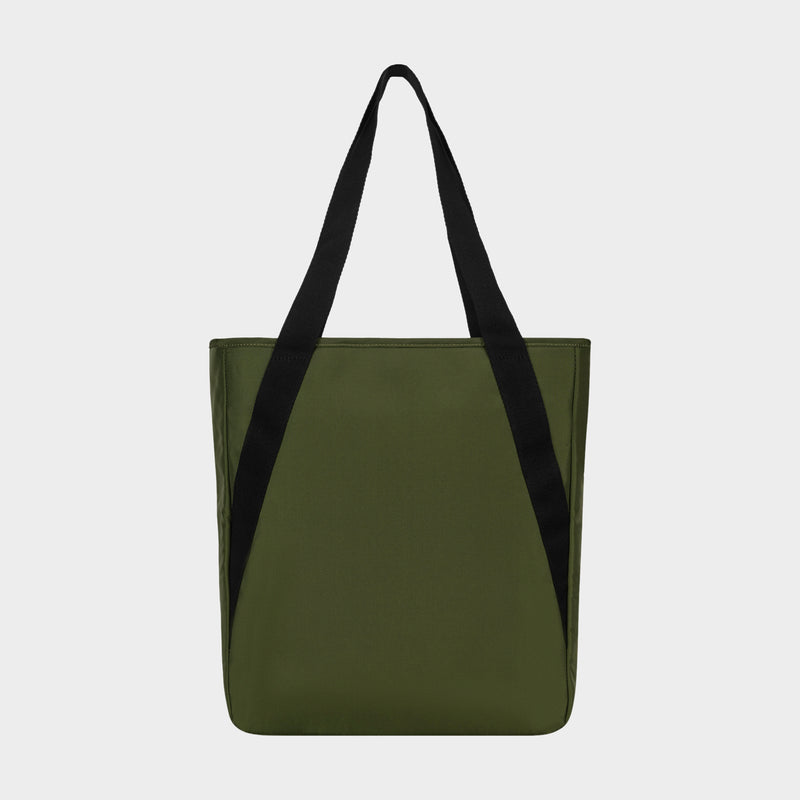 The Champion Lottie Tote is a simple, rectangular olive-green bag with black handles. Unadorned and versatile, this everyday essential blends style and practicality—shown here against a plain white background.