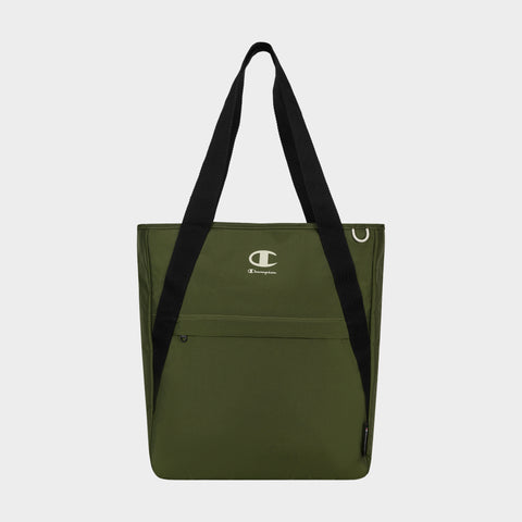 Champion Lottie Tote in olive green, featuring black shoulder straps, a front zip pocket, and the Champion logo in white on the upper front. Made from durable nylon, this versatile everyday bag is displayed against a plain white background.