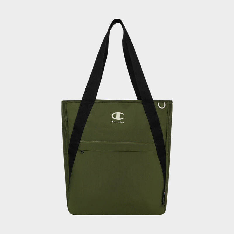 Champion Lottie Tote in olive green, featuring black shoulder straps, a front zip pocket, and the Champion logo in white on the upper front. Made from durable nylon, this versatile everyday bag is displayed against a plain white background.