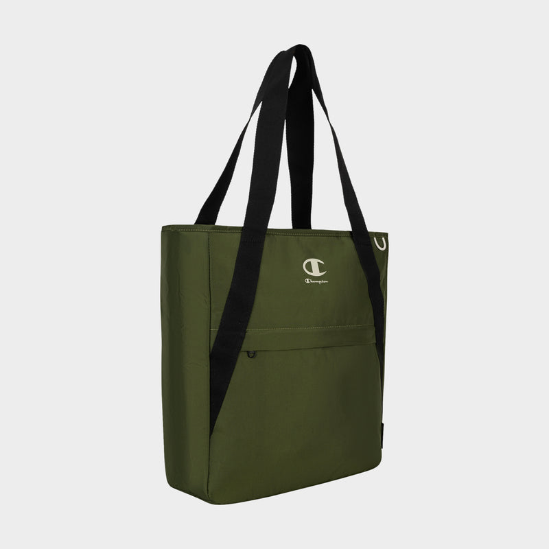The Champion Lottie Tote is a durable nylon bag with black straps, a front zipper pocket, and the Champion logo in white on the upper front. Set against a plain light gray background, this everyday essential from Champion combines style with functionality.