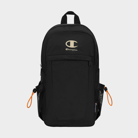 Introducing the Champion Camden Sling, a black backpack crafted from durable nylon sling material. Featuring a prominent white Champion logo on the front, eye-catching orange zipper pulls, two side mesh pockets, and a top handle, this bag includes an adjustable strap for personalized comfort. Inspired by the sleek design of the original Camden Sling, it is displayed against a plain white background.