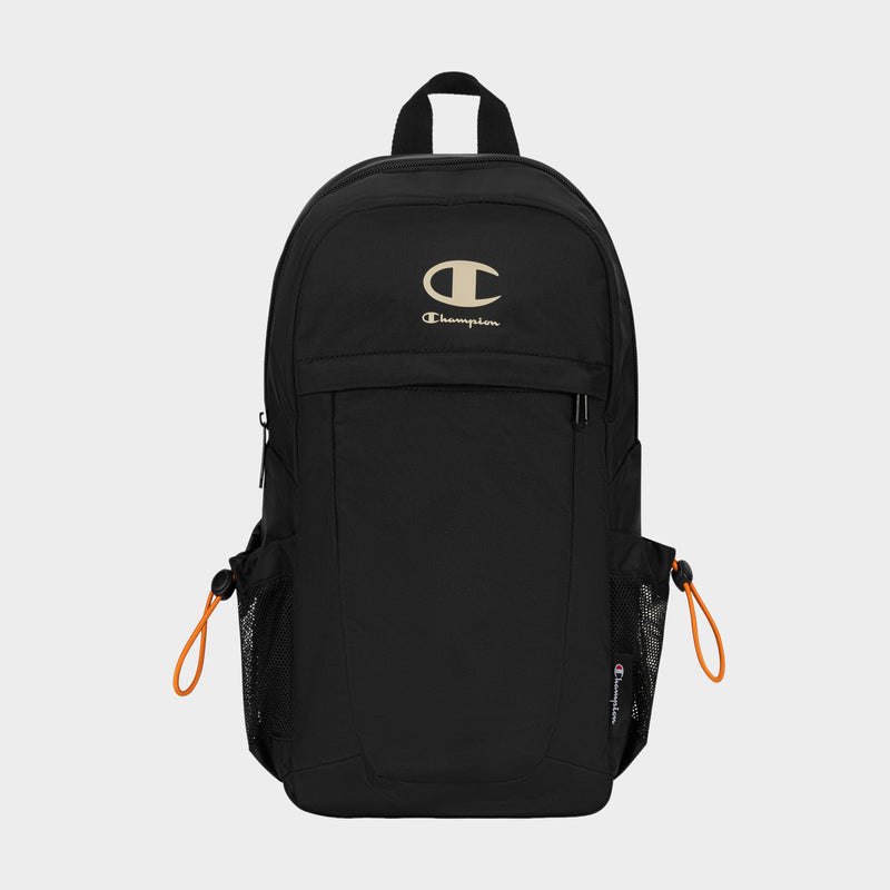 Introducing the Champion Camden Sling, a black backpack crafted from durable nylon sling material. Featuring a prominent white Champion logo on the front, eye-catching orange zipper pulls, two side mesh pockets, and a top handle, this bag includes an adjustable strap for personalized comfort. Inspired by the sleek design of the original Camden Sling, it is displayed against a plain white background.