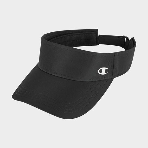 The Champion Adjustable Visor is a black athletic cap with a curved brim, adjustable strap, and an embroidered white C logo on the front left—combining style and sun protection.