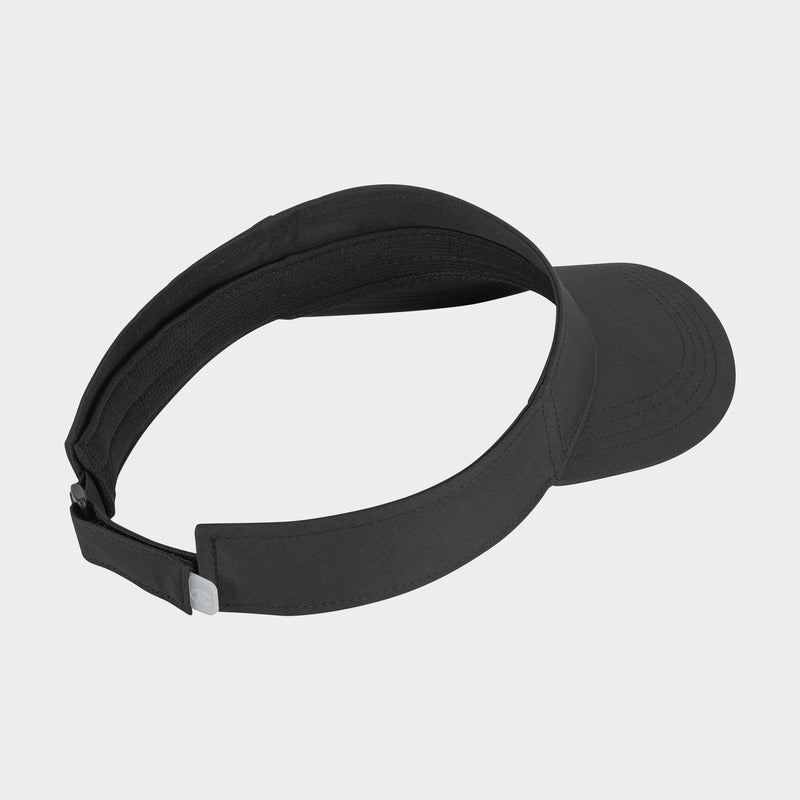 The Champion Adjustable Visor in black features sun protection, an adjustable strap, and a curved brim, shown on a plain light gray background.
