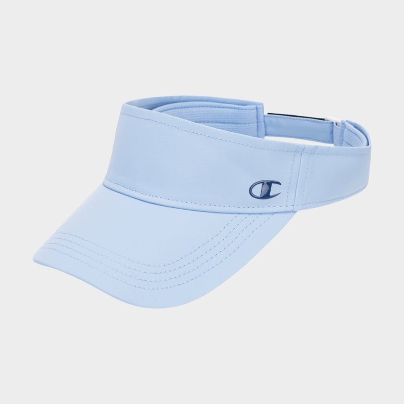 Introducing the Champion Solid Adjustable Visor—a sun-ready, light blue visor showcasing a dark blue embroidered C logo on the front and an easy-to-adjust strap. Displayed on a white background.