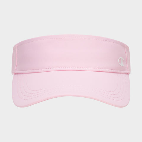 The Champion Adjustable Visor is a light pink athletic visor with a curved brim for sun protection, an embroidered C logo on the right band, and an adjustable fit. Shown on a plain white background.