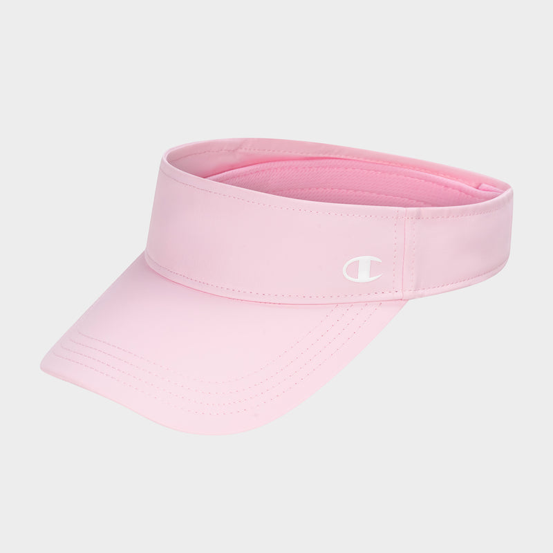 The Champion Adjustable Visor is a light pink athletic visor with a curved brim for sun protection, featuring a small white Champion logo on the front and an adjustable fit, shown on a plain white background.
