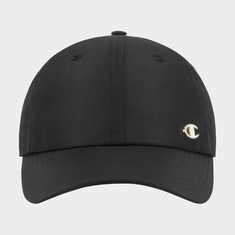 The Champion Lifestyle Sport Adjustable Baseball Cap is plain black with visible stitching, a small gold logo on the front right, an athletic style, and photographed against a light gray background.