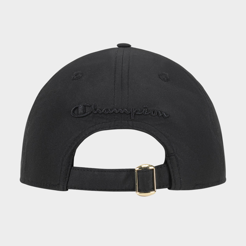 The Champion Lifestyle Sport Adjustable Baseball Cap in black features "Champion" embroidered above the adjustable strap with a gold buckle, offering athletic style and a comfortable fit.