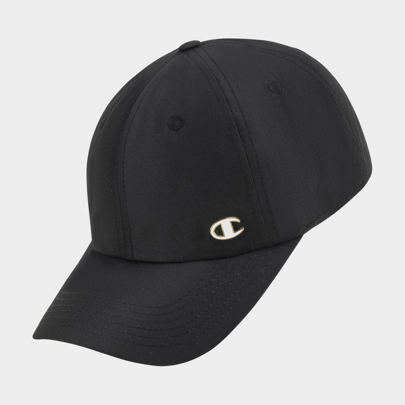 The Champion Lifestyle Sport Adjustable Baseball Cap features a black design with visible stitching, a small metallic C logo on the front left, and an adjustable fit for classic athletic style.