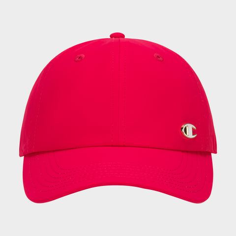 The Champion Lifestyle Sport Adjustable Baseball Cap in bright red features a curved brim, small gold and white C logo on the front right side, and adjustable fit. Perfect for any athletic look, it's displayed on a plain white background.