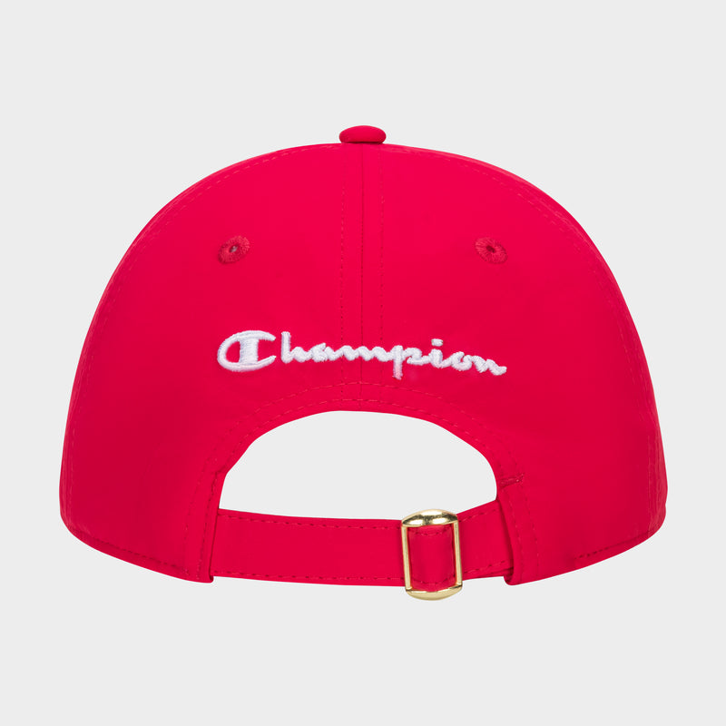 A bright red Champion Lifestyle Sport Adjustable Baseball Cap seen from the back, featuring “Champion” embroidered in white above an adjustable strap with a gold buckle for a sporty look and custom fit.