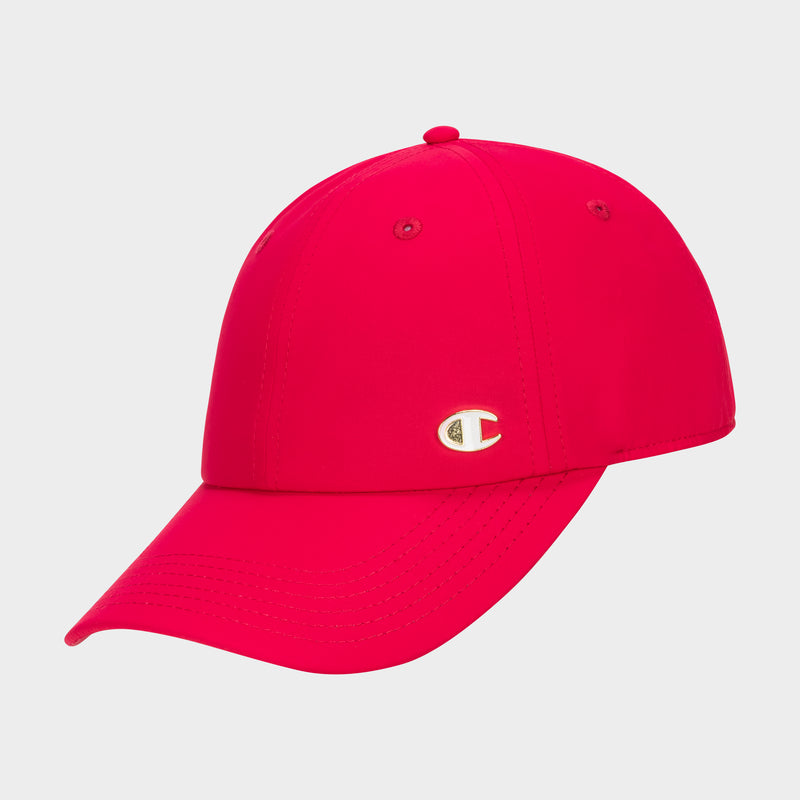 The Champion Lifestyle Sport Adjustable Baseball Cap in bright red features a curved brim, small gold C logo on the left front, and adjustable fit, shown on a plain light gray background for an athletic look.