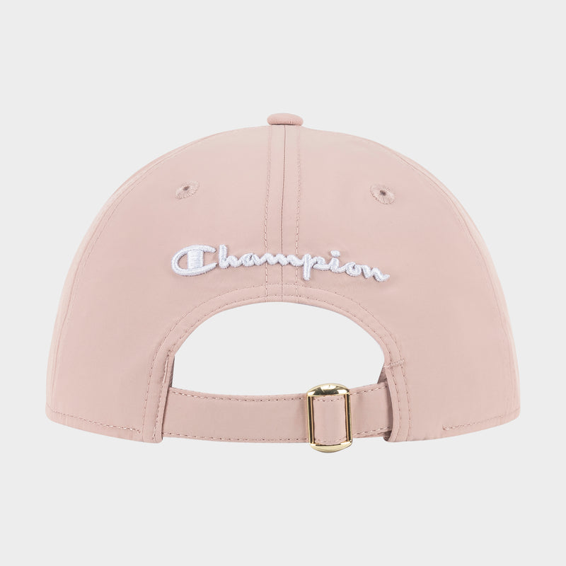 The Champion Lifestyle Sport Adjustable Baseball Cap in light pink is shown from the back, featuring white embroidery above an adjustable strap with a gold buckle for a customizable and stylish everyday fit.