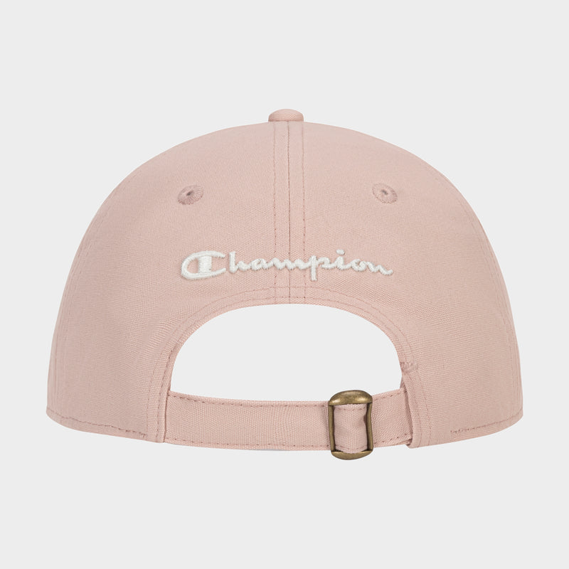 A light pink Amber Chenille Adjustable Cap by Champion, shown from the back, features white Champion embroidery and an adjustable strap with a brass buckle for a relaxed fit.