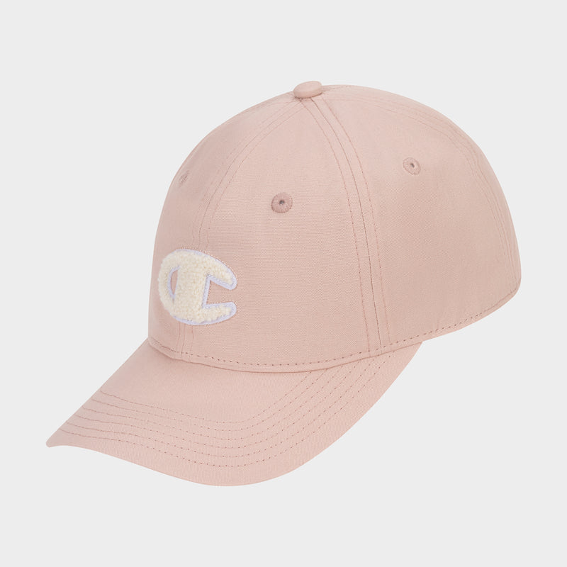 A light pink Champion Amber Chenille Adjustable Cap featuring visible stitching, an embroidered C logo on the front, a curved brim, and a relaxed fit for everyday comfort.