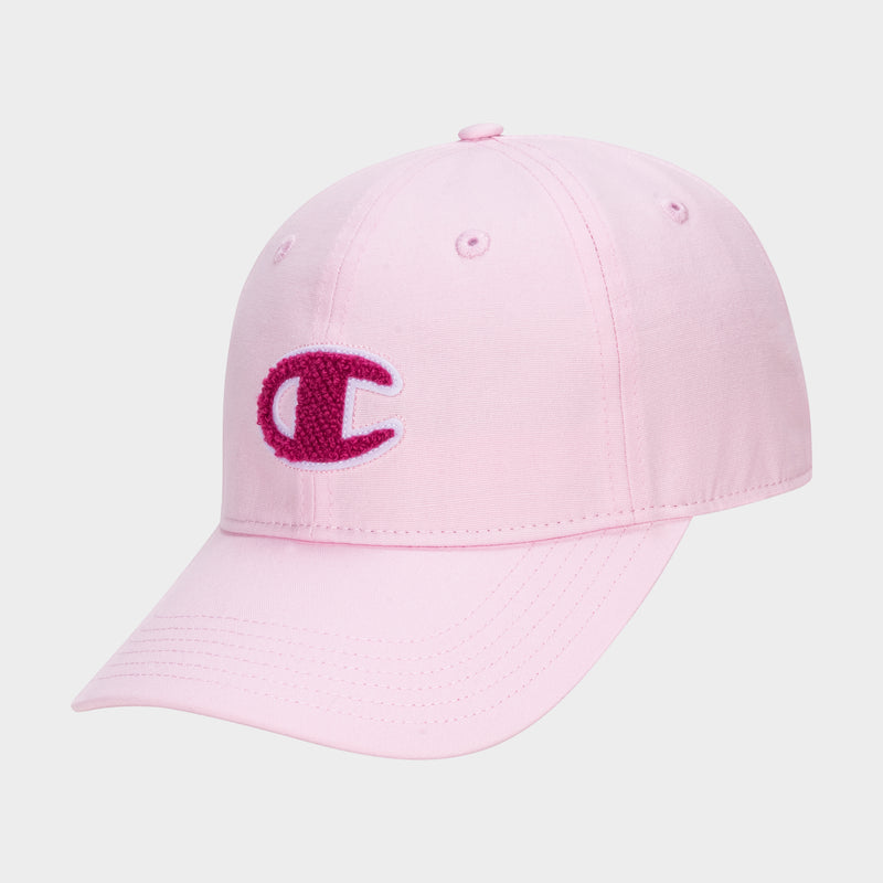 The Champion Amber Chenille Adjustable Baseball Cap features light pink slub canvas, a curved brim, and a large plush chenille C patch. Its unconstructed fit and metal eyelets provide comfort and breathability.