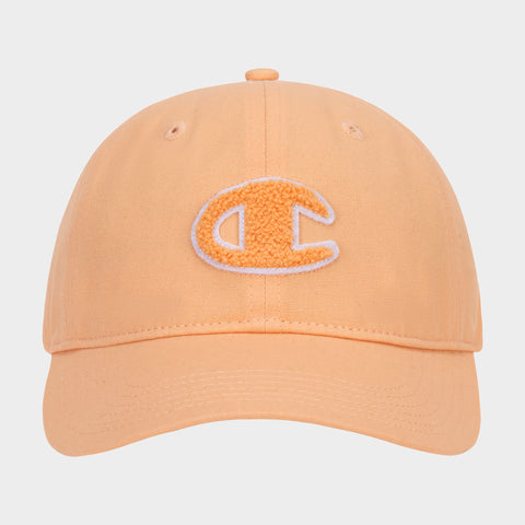 Amber Chenille Adjustable Cap by Champion, featuring a relaxed fit and an embroidered orange and white chenille patch letter C on the front, displayed against a plain white background.