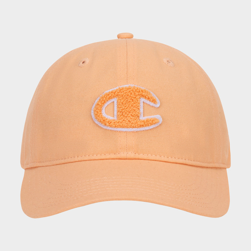 Amber Chenille Adjustable Cap by Champion, featuring a relaxed fit and an embroidered orange and white chenille patch letter C on the front, displayed against a plain white background.
