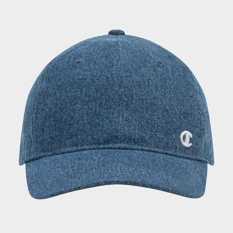 The Champion Glen Denim Adjustable Baseball Cap features blue denim, a curved brim, and a small white embroidered logo on the front left, offering comfort and style.