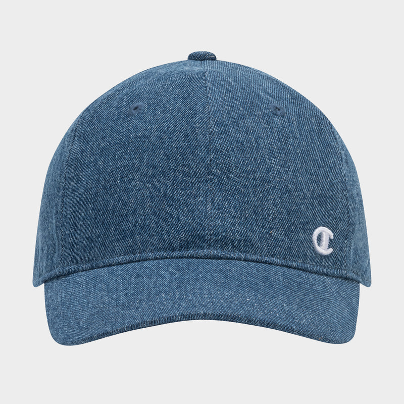 The Champion Glen Denim Adjustable Baseball Cap features blue denim, a curved brim, and a small white embroidered logo on the front left, offering comfort and style.