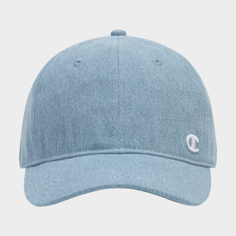 The Champion Glen Denim Adjustable Baseball Cap features light blue denim, a curved brim, and a small white embroidered C logo on the front left side. Its adjustable design ensures a comfortable fit for everyday wear.