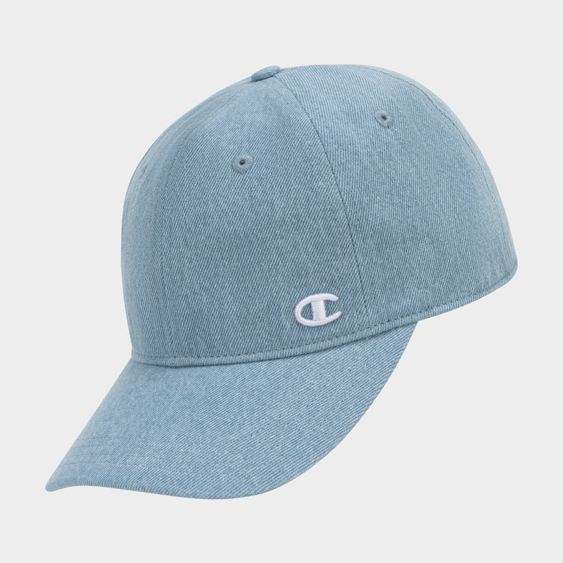 The Glen Denim Adjustable Baseball Cap by Champion features light blue denim, a curved brim, visible stitching, two side eyelets per side, and a small white embroidered Champion logo on the front.