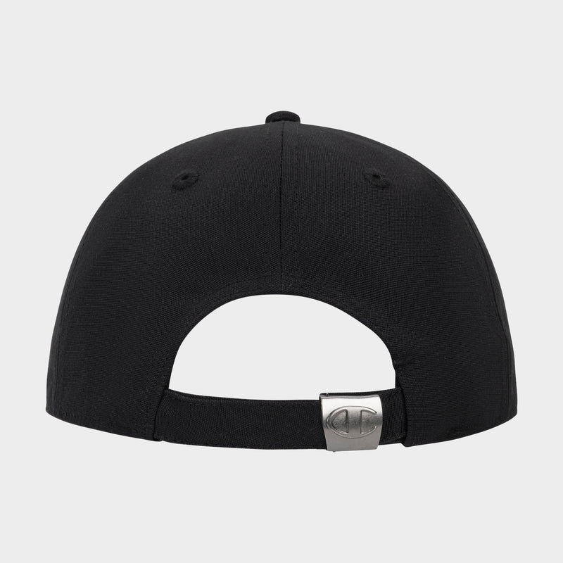 Introducing the Bonnie Recycled Adjustable Cap by Champion in black—seen from the back, this sustainable cap features stitched eyelets, a top button, and an adjustable strap with a metallic clasp adorned by a small metal Champion logo, blending style and comfort.