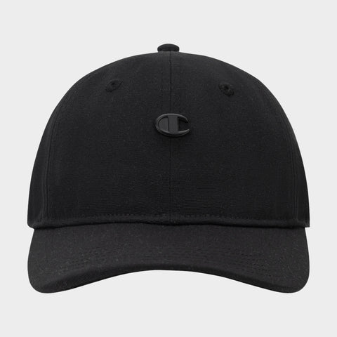 The Champion Bonnie Recycled Adjustable Cap features a simple black design with a curved brim and a subtle black emblem on the front, shown against a white background. Crafted from eco-friendly materials, this sustainable cap offers timeless style ideal for everyday use.