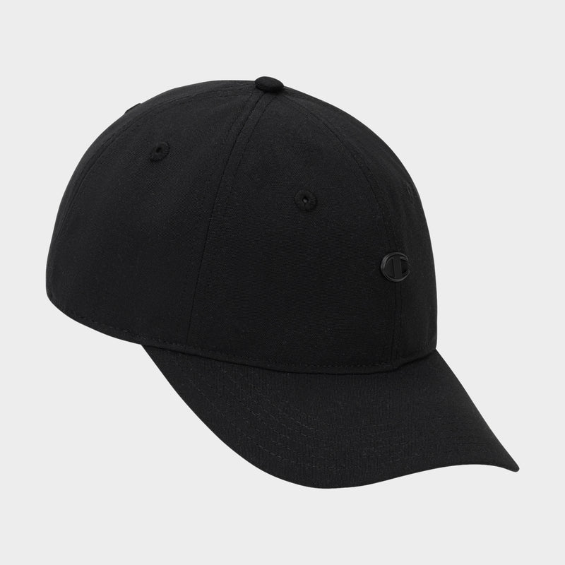 A plain black Bonnie Recycled Adjustable Cap by Champion, featuring a slightly curved brim and a small embroidered logo on the front left side, set against a light gray background.