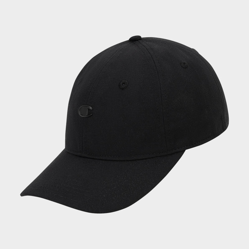 A plain black Bonnie Recycled Adjustable Cap by Champion, featuring a curved brim and a small, subtle logo on the front left panel, displayed on a light gray background.