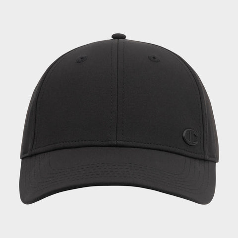 The Champion Ponytail Baseball Cap, crafted from performance stretch fabric with minimal stitching and a small embossed logo on the front left, is displayed against a light gray background.