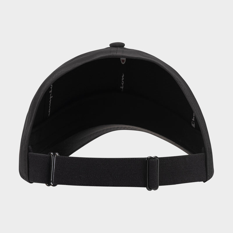 Back view of the Champion Ponytail Baseball Cap in black, featuring an adjustable strap with buckle closure and visible inside band. Made from performance stretch fabric for comfort. Set against a plain white background.