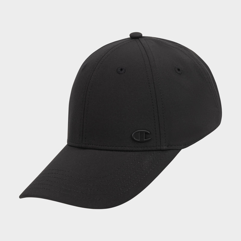The Champion Ponytail Baseball Cap is a plain black cap made from performance stretch fabric with visible stitching, ventilation eyelets, and a small black embroidered logo on the front left side, displayed against a white background.