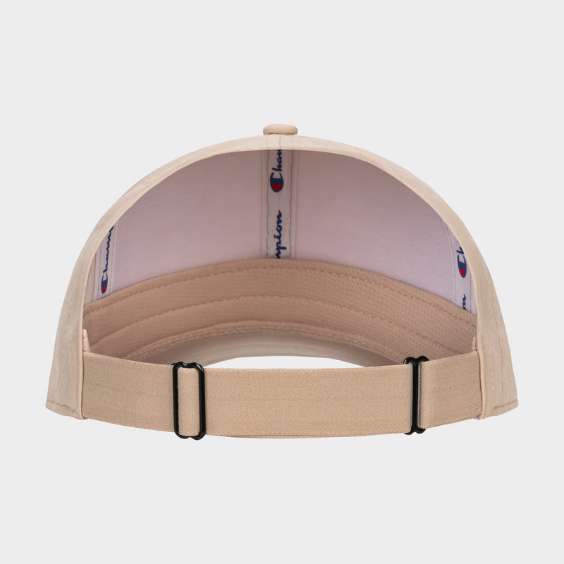 The Champion Ponytail Baseball Cap is shown from the back with an adjustable strap and metal buckle. Made from performance stretch fabric, it features a white inner lining printed with the Champion logo.