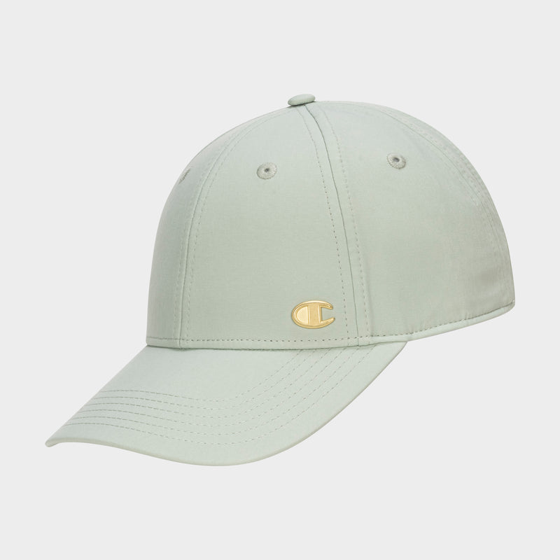 The Champion Ponytail Baseball Cap in light green features a small gold Champion C logo on the front left, shown on a plain white background.