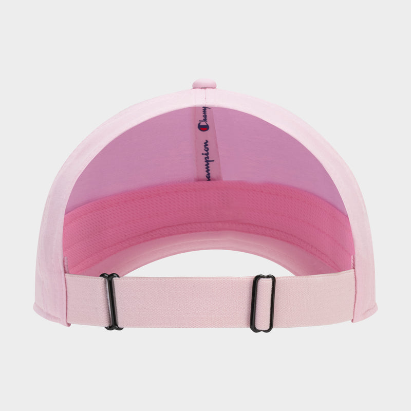 The Champion Ponytail Baseball Cap is light pink, shown from the back with a ponytail-friendly adjustable strap, black metal buckle, and "Champion" printed inside.