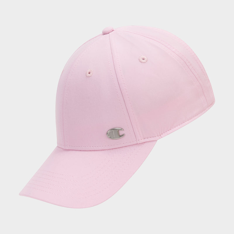 The Champion Ponytail Baseball Cap is a light pink hat with a curved brim, made from stretch performance fabric and features a small silver C logo on the front. It is shown against a plain white background.