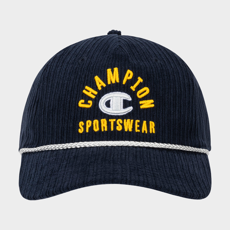 The Stephen Adjustable Cap by Champion is a navy blue corduroy cap featuring “CHAMPION SPORTSWEAR” embroidered in yellow and white letters on the front, a silver band across the visor, and an adjustable snapback closure for a comfortable fit.