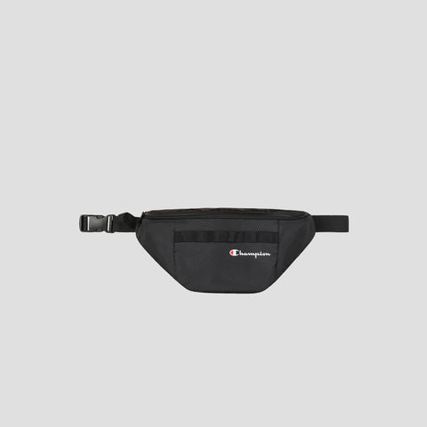 A black Champion Document Waist Pack featuring a zippered main compartment, a small front pocket, and an adjustable buckle strap offers convenient organization on the go, shown against a plain light gray background.
