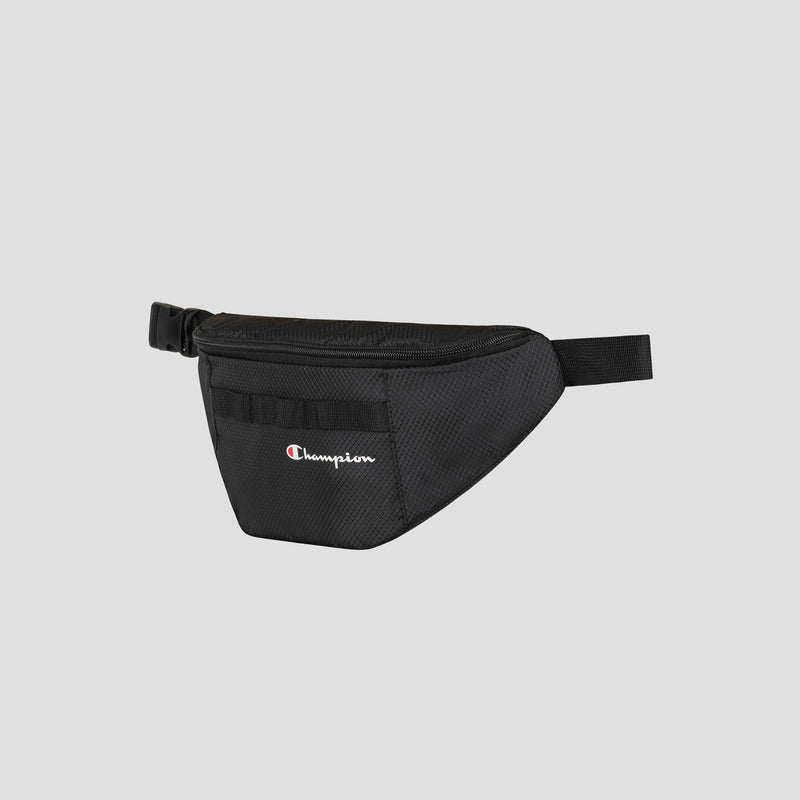 The Champion Document Waist Pack in black features a front zipper pocket, mesh fabric, and an adjustable strap for convenient organization while on the go, shown against a light gray background.