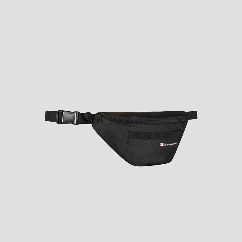 A black Champion Document Waist Pack designed for organization on the go, featuring a front zipper pocket and adjustable strap, displayed on a plain light gray background.