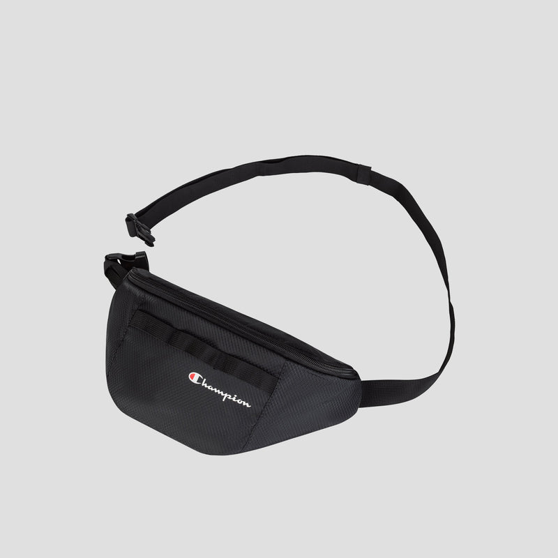 A Champion Document Waist Pack in black, featuring an adjustable strap and zippered pocket for easy organization on the go, is displayed on a light gray background.