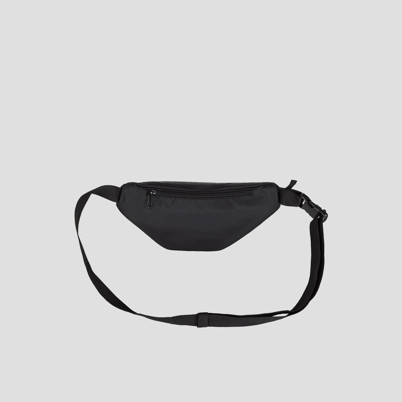 A black Champion Document Waist Pack featuring an adjustable strap and a zippered front pocket for convenient organization on the go, displayed against a plain light gray background.