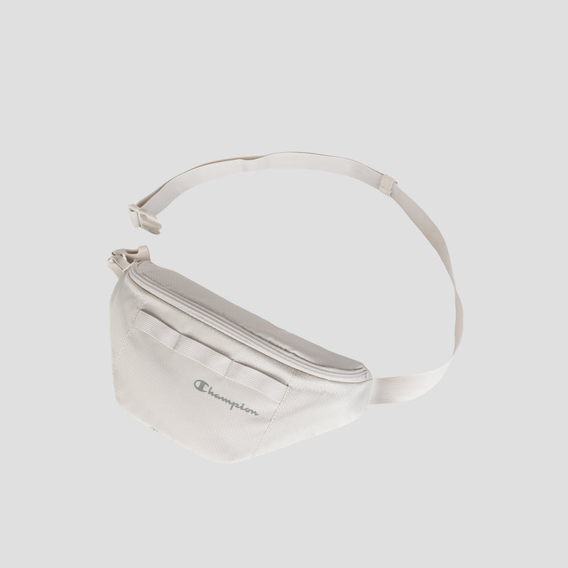 A white Champion Document Waist Pack, ideal for staying organized on the move, boasts an adjustable strap, zipper closure, and a small front pocket, shown against a plain light gray background.
