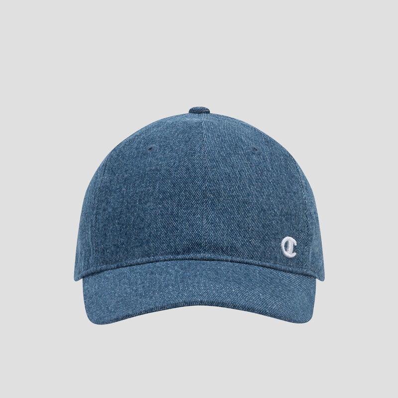 The Glen Denim Adjustable Baseball Cap by Champion is a blue denim hat featuring a curved brim and a small white embroidered C logo on the front, shown against a plain light gray background. This adjustable cap blends everyday comfort with signature Champion branding for casual style.