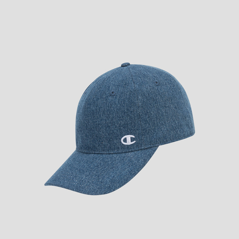The Glen Denim Adjustable Baseball Cap by Champion features classic blue denim, a curved brim, and a white embroidered Champion “C” logo on the front. Set against a plain light gray background, this hat blends timeless style with everyday comfort.